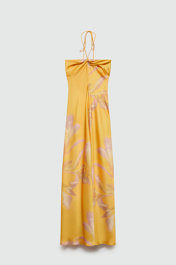 Catalina Island Satin Floral Print Twist Bust Halter Maxi Dress