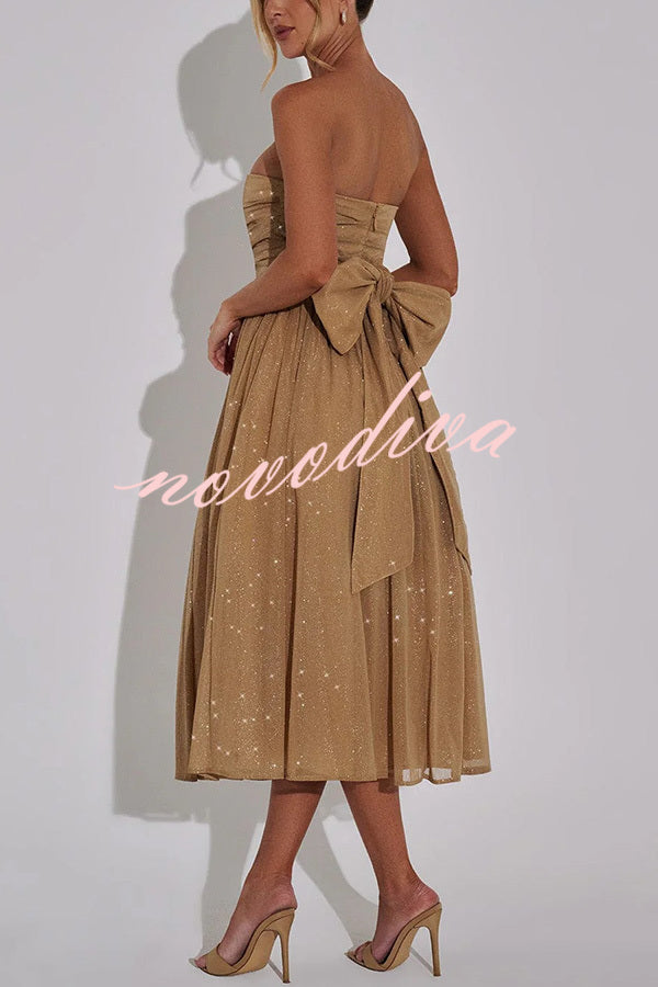 Marissa Glitter Mesh Fabric Off Shoulder Back Bow Detail Midi Dress