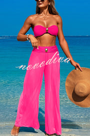 Solid Color Metal Button Decorated Stretch Two-piece Bikini Swimsuit