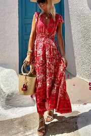 Summer in Greece Boho Print Ruffle Sleeve Elastic Waist High-low Midi Dress