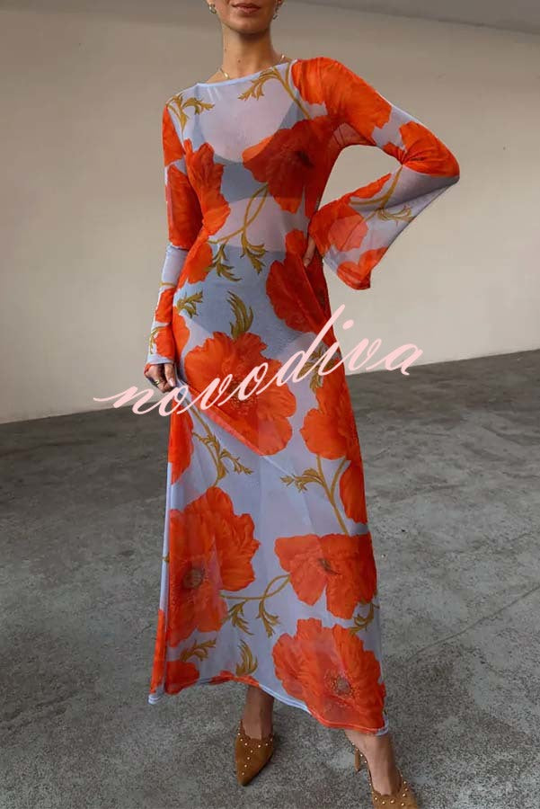 Perfect Cross-season Mesh Poppy Flower Print Long Sleeve Stretch Maxi Dress