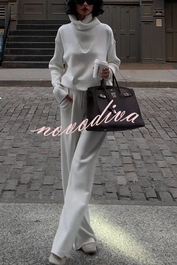 Morning Coffee Walks Ribbed Turtleneck Long Sleeve Sweatshirt and Elastic Waist Pocketed Loose Pants Set