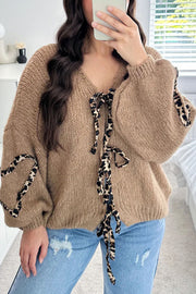 Fashionable Loose Long-sleeved Leopard Print Lace-up Knitted Sweater Cardigan