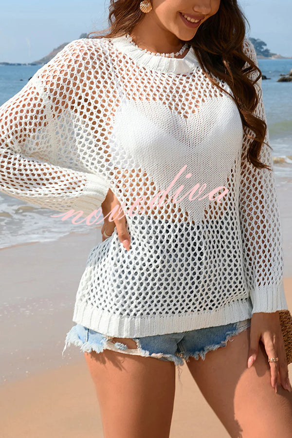 Solid Color Round Neck Long Sleeve Heart Knitted Beach Cover Up