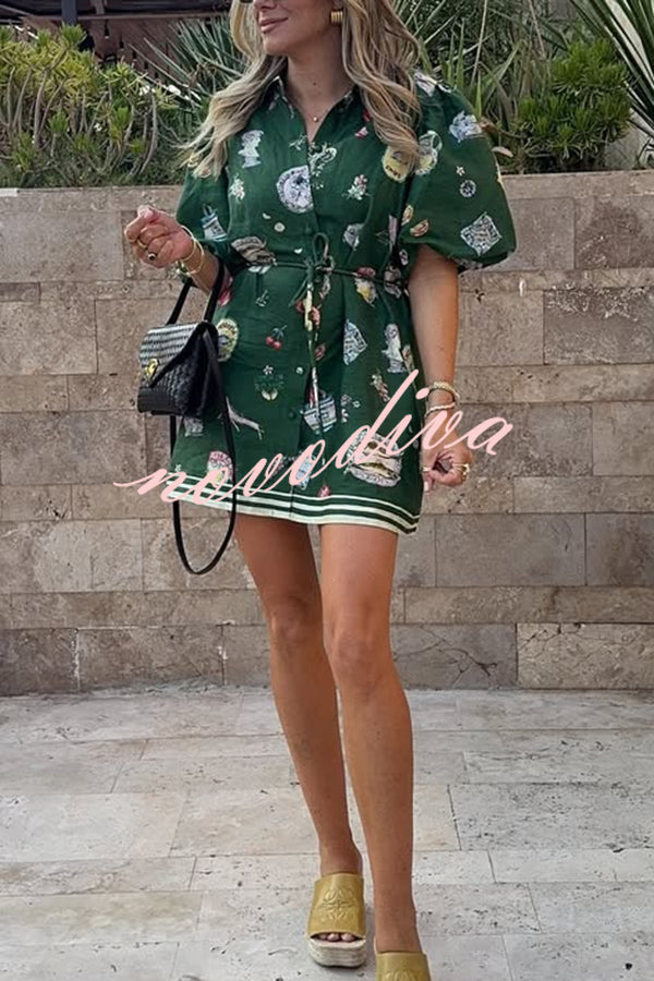 Linen Blend Unique Print Puff Sleeve Casual Mini Dress