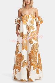 Floral Print Suspenders Puff Sleeves Loose Pocket Holiday Maxi Dress