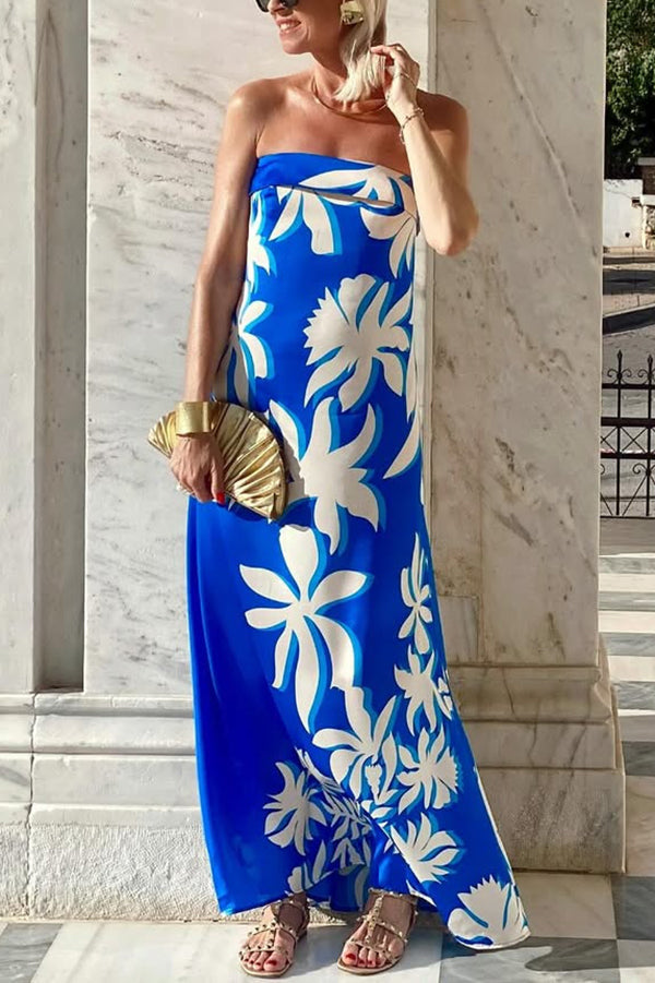 Fashion Vacation Satin Unique Print Off Shoulder Maxi Dress