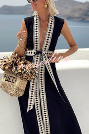 Fashionable Lock-edge Printed V-neck Lace-up Holiday Cover-up Robe