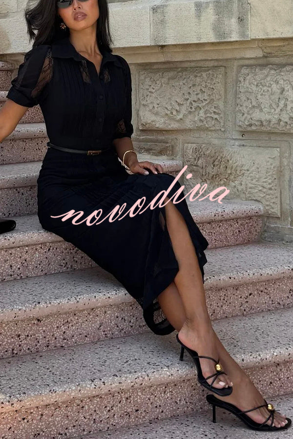 Lysette Lace Trim Pleated Button Up Short Sleeve Shirt Midi Dress