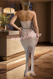 Flash Sculpture Rhinestone Embellished Bandeau Slit Stretch Maxi Dress