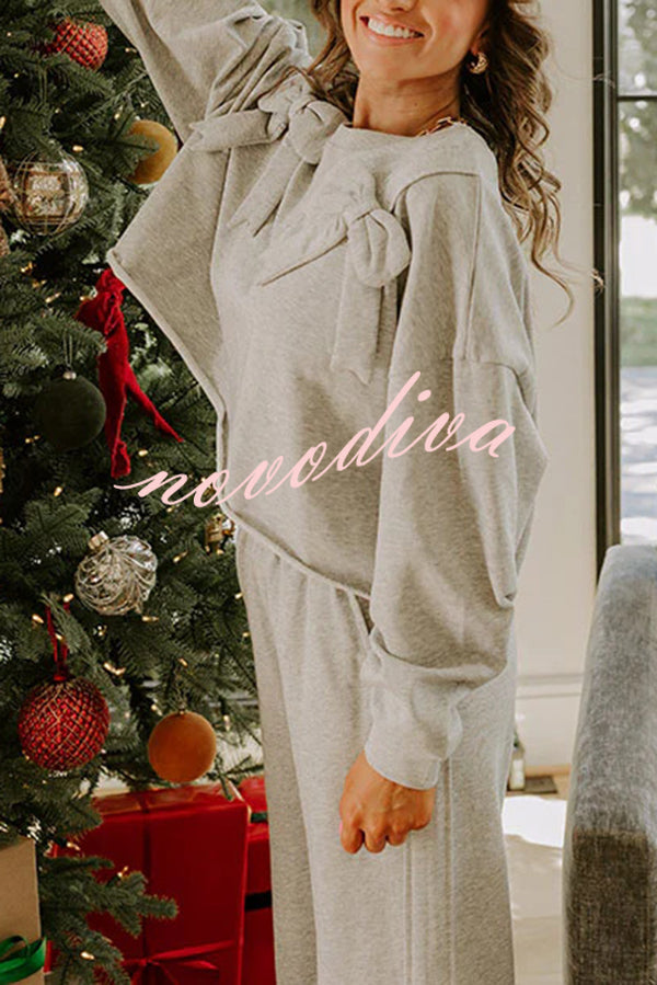 Dear Daydream Loose Bow Tie Long-Sleeved Sweatshirt and Elastic Waist Pocket Pants Set