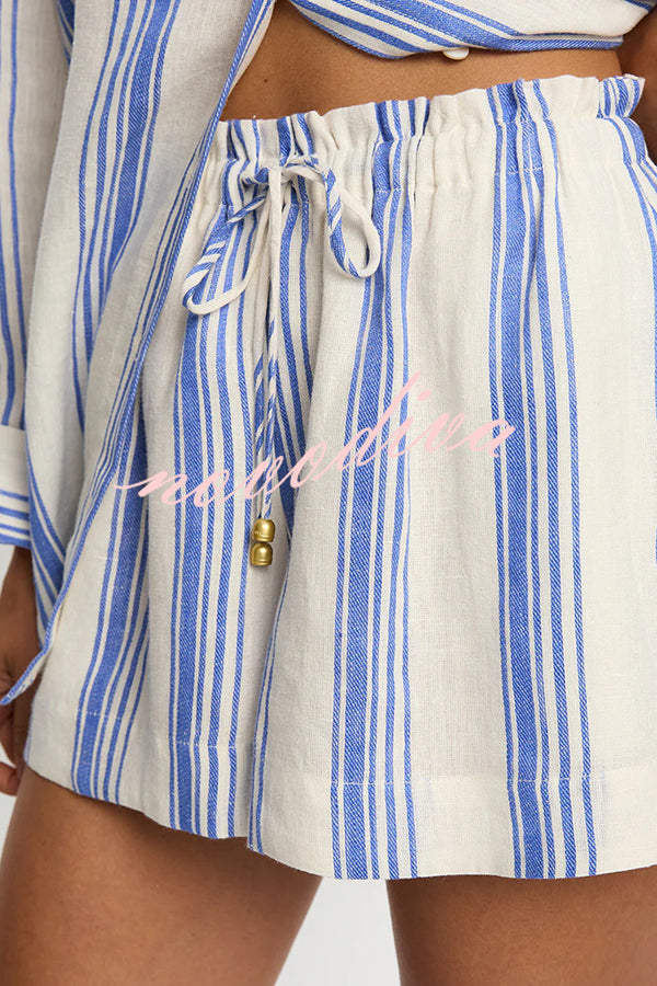 Stripe Print Lapel Long-sleeved Casual Shirt and Elastic Waist Loose Shorts Set