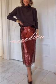 Upper East Chic Sequin Mesh Trim High Rise Slit Pencil Midi Skirt
