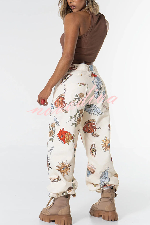 Angel Wings Denim Unique Print Mid Rise Pocket Loose Pants