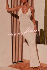 Olivia Crochet Knit Rose Texture Backless Stretch Maxi Dress