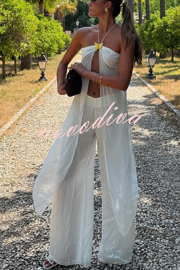 Lily Metal Flower Front Slit Halter Midi Top and V-waist Wide Leg Pants Set