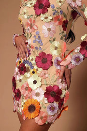 Elegantly Enchanted Floral Applique Backless Long Sleeve Mini Dress