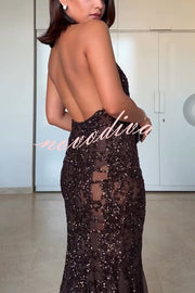 Twilight Gleam Sequin Textured Tulle Hem Halter Backless Maxi Dress