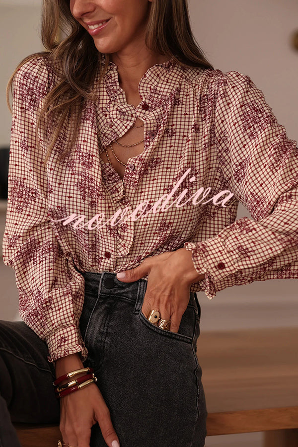 Plant Plaid Printed Long-sleeved Ruffles Casual Shirt