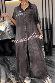 Fashion Letter Print Lapel Cardigan Loose Maxi Dress