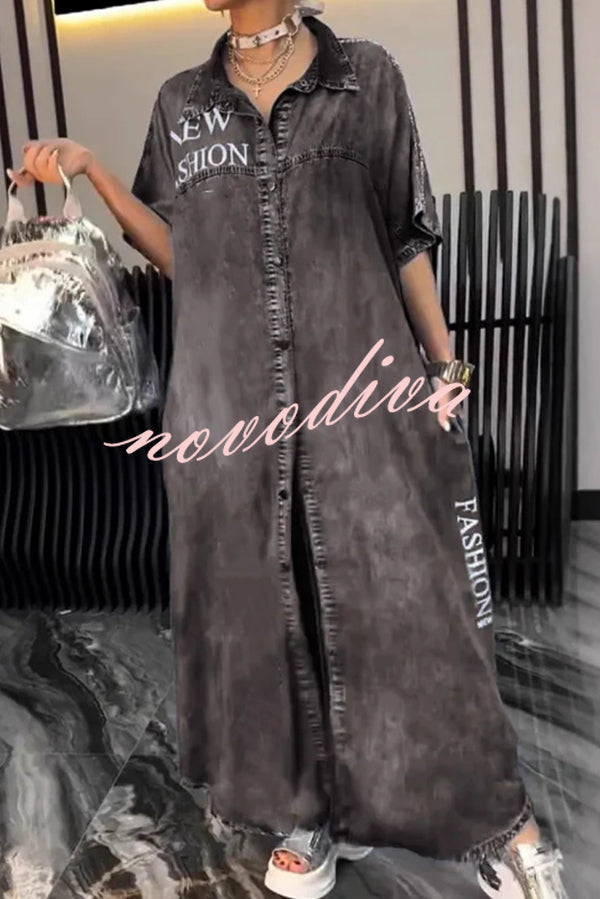Fashion Letter Print Lapel Cardigan Loose Maxi Dress