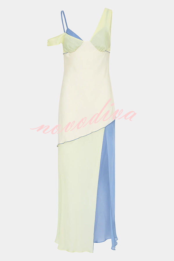 Grace and Effortless Colour Block Panels Chiffon Hem Midi Dress