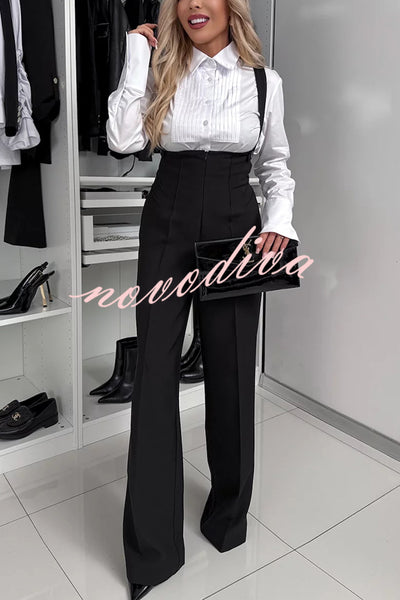 Modern Charm Zipper High Rise Button Cross Straps Pocket Wide Leg Pants