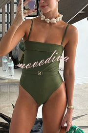 Solid Color Suspender Buckle Waist Elastic Swimsuit