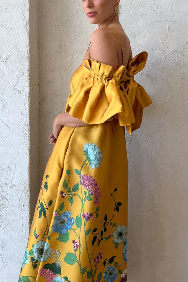 Sweetest Marigold Print Gathered Sleeve Pocketed A-line Midi Dress