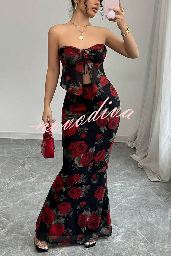 Floral Print Sexy Bandeau Lace-up Top and Slim Mesh Stretch Maxi Skirt Set