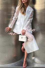 Simple and Light See-through Fabric Tie-up Long Sleeve Pocket Lapel Blazer
