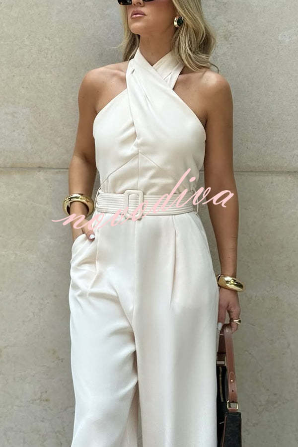 Solid Color Halterneck Sleeveless Waisted Casual Pocket Straight Jumpsuit