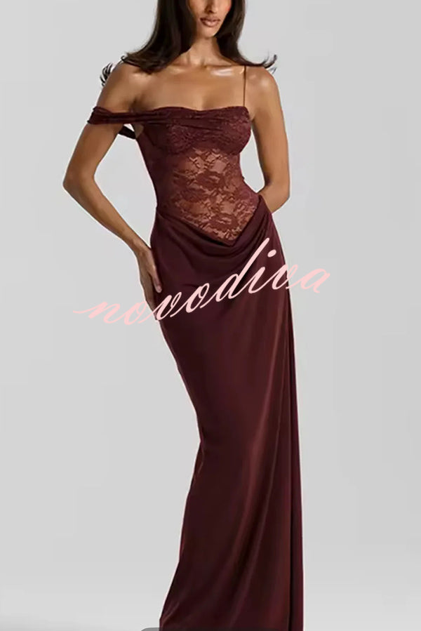 Sexy See-Through Lace Suspender Slim Slit Maxi Dress