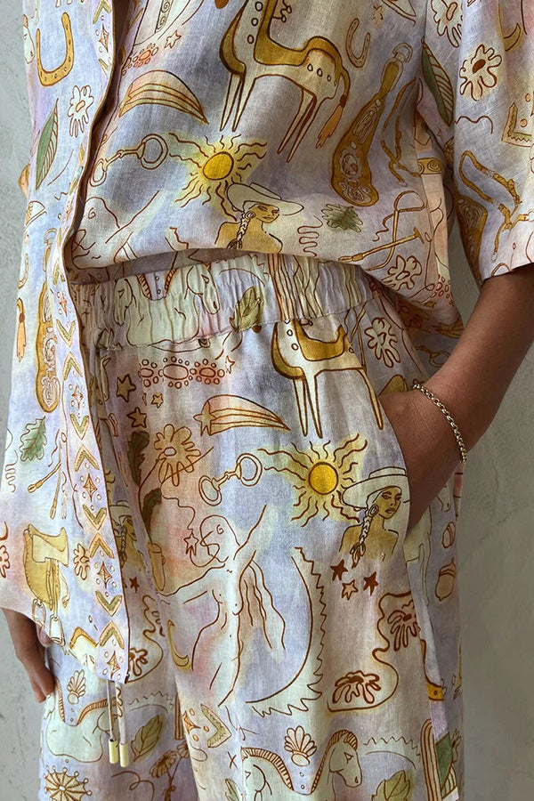 Sunshine Loving Linen Blend Mythological Pattern Button Down Oversized Blouse