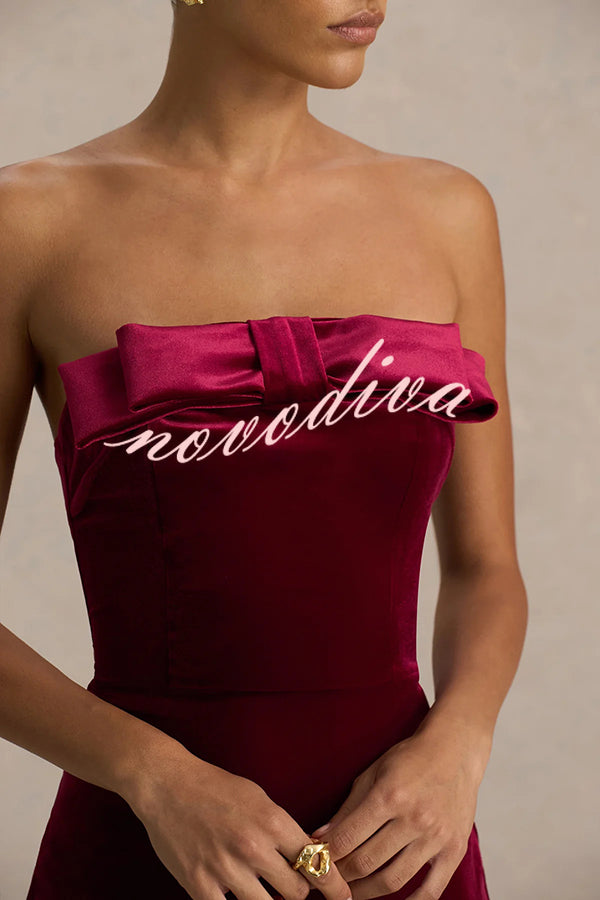 Illusion Velvet Bandeau neck Bow detail Stretch Maxi Dress
