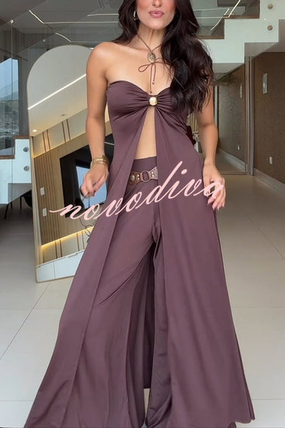 Stellah Golden Details Front Slit Midi Tube Top and Elastic Waist Wide Leg Pants Set