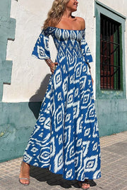 Close To The Vacation Ethnic Print Smocked Off Shoulder Pocketed Maxi Dress