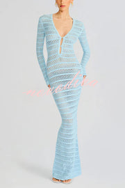 Solid Color Knit Hollow Long Sleeve Vacation Cover Up Maxi Dress