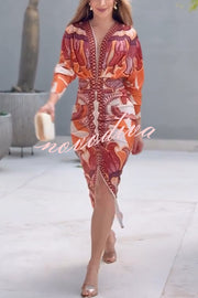 Brazilian Style Unique Print Dolman Long Sleeve Ruched Slit Midi Dress