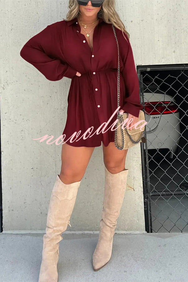 Solid Color Long Sleeve Button Casual Shirt-Style Rompers