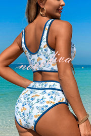 Solid Color Contrast High Waist Stretch Bikini Swimsuit