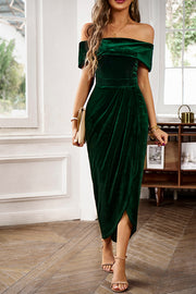 Solid Color Velvet Off-shoulder Slim-fit Elegant Slit Midi Dress