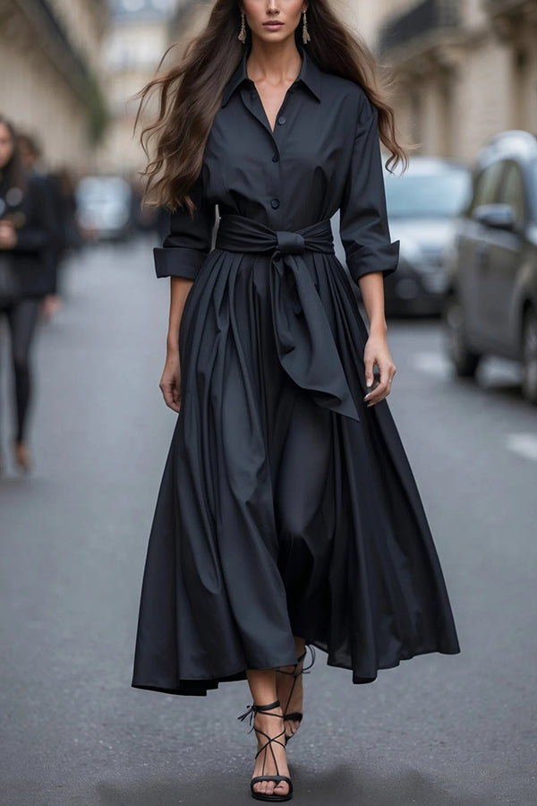 Solid Color Collared Long-sleeved Belted Shirt Style Elegant Maxi Dress