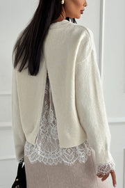 Caitlin Knit Lace Trim Patchwork Long Sleeve Back Slit Relaxed Sweater