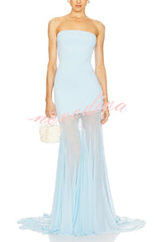 Blue Sky Off Shoulder Contrast Sheer Mesh Fabric Stretch Maxi Dress