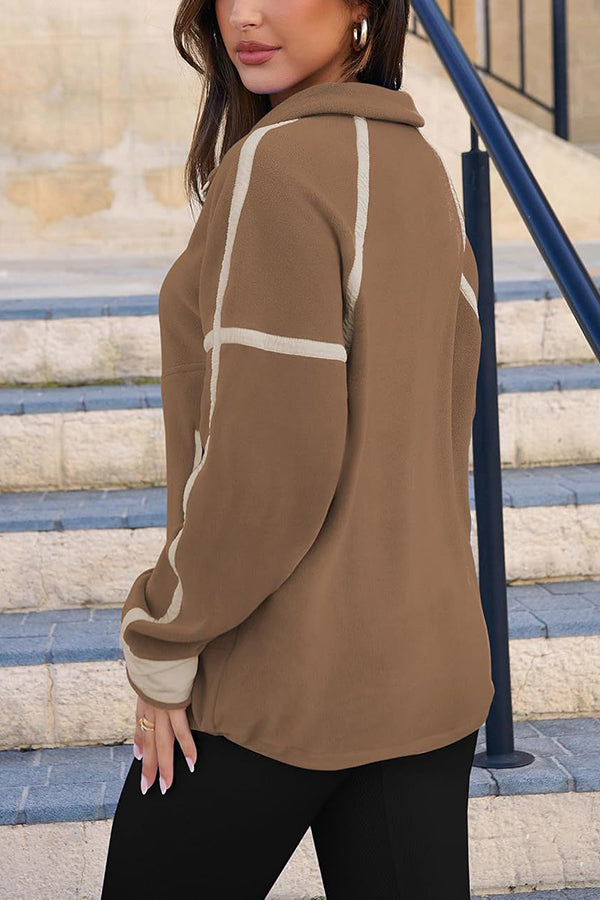 Stylish Color-blocked Trim Loose Casual Pocket Sweatshirt