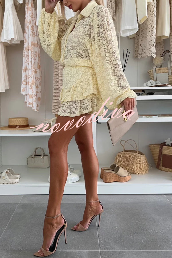 Nicola Lace Long Balloon Sleeve Blouse and Elastic Waist Layered Skort Set