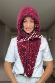 Sequined Drawstring Balaclava Warm Loop Scarf Hat and Gloves