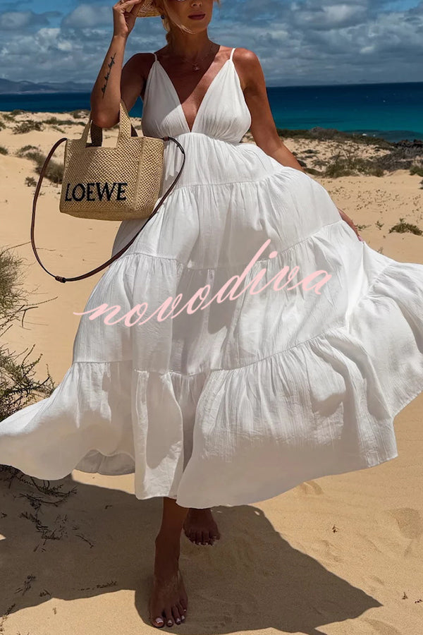 Bohemian Style V-neck Backless Slip Layered Vacation Maxi Dress