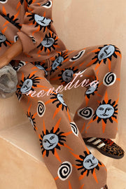 Mediterranean Art Knit Unique Sun Vortex Print Elastic Waist Wide Leg Pants